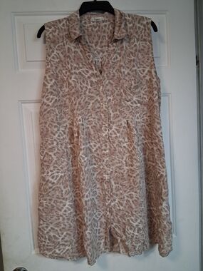 Beachlunchlounge Sleeveless Button-Front Tie Tunic Beige Leopard Long Blouse XL